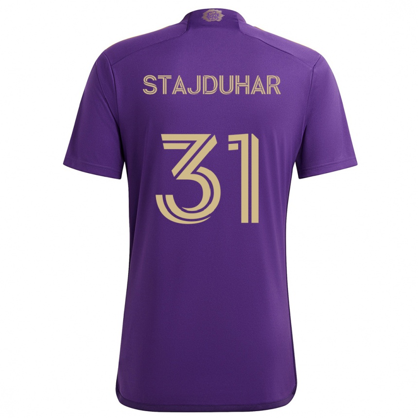 Kids Football Mason Stajduhar #31 Purple Yellow Home Jersey 2024/25 T-Shirt Australia