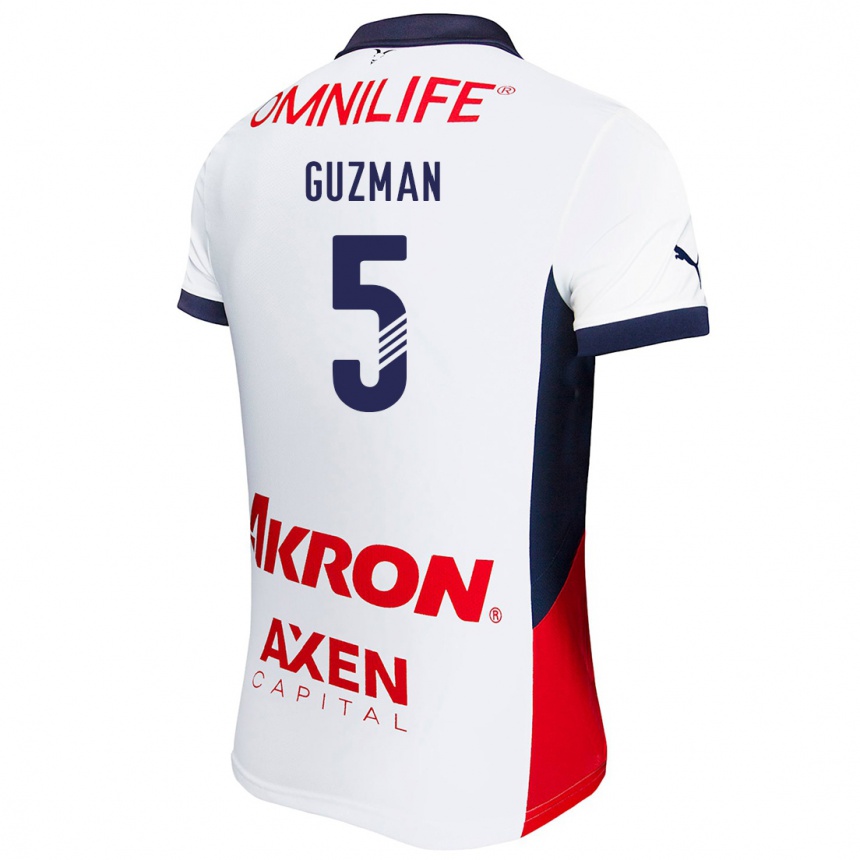 Kids Football Víctor Guzmán #5 White Red Blue Away Jersey 2024/25 T-Shirt Australia