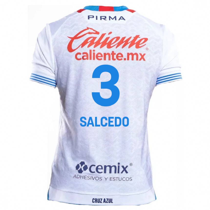 Kids Football Carlos Salcedo #3 White Blue Away Jersey 2024/25 T-Shirt Australia