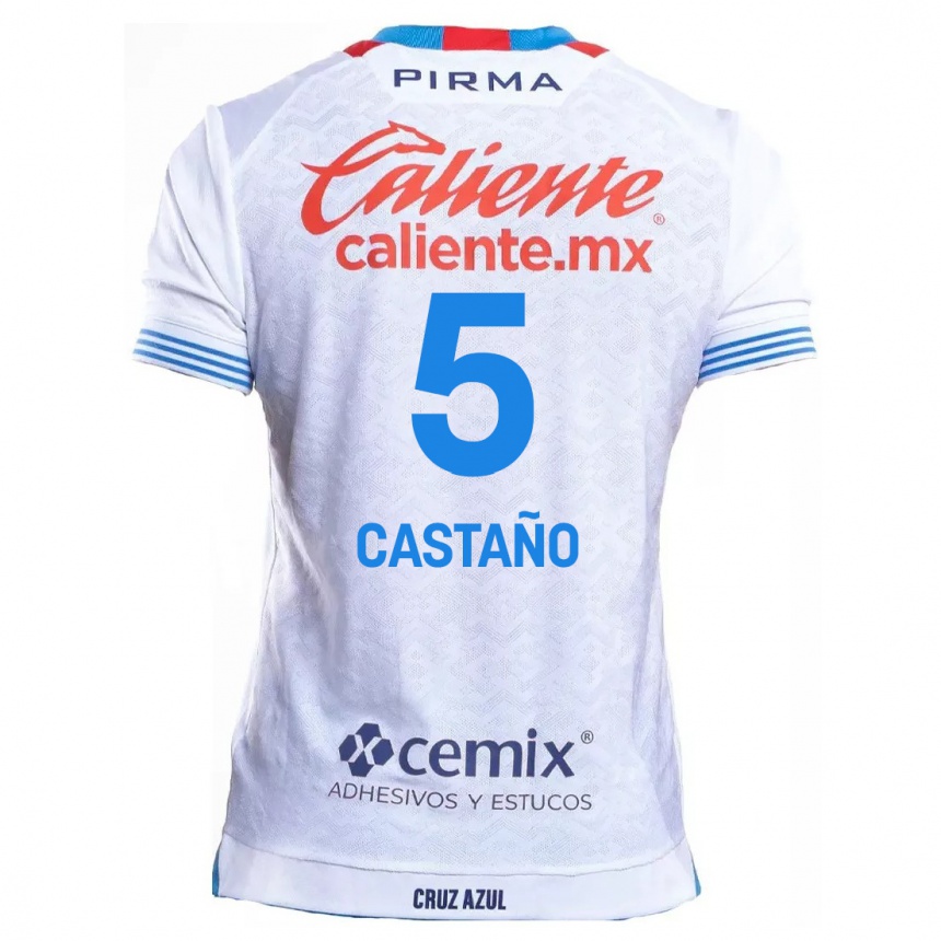 Kids Football Kevin Castaño #5 White Blue Away Jersey 2024/25 T-Shirt Australia