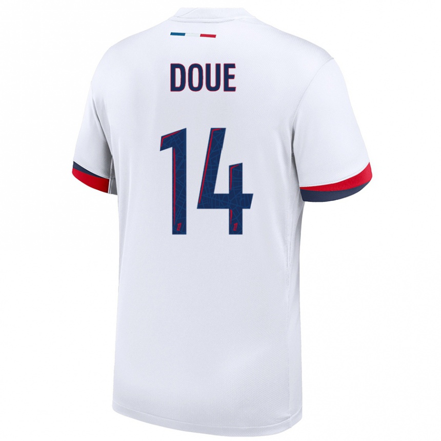 Kids Football Désiré Doué #14 White Blue Red Away Jersey 2024/25 T-Shirt Australia