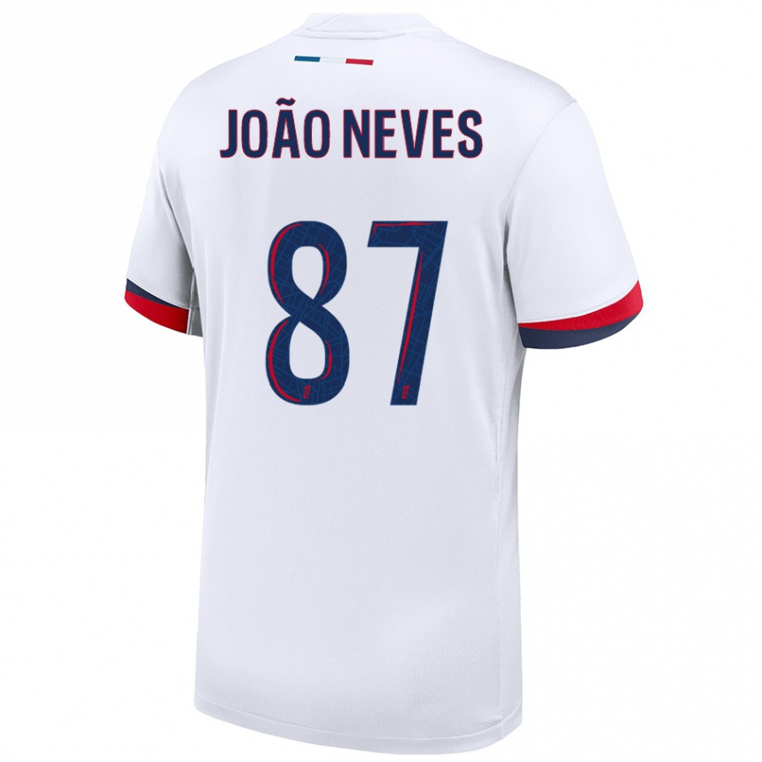 Kids Football João Neves #87 White Blue Red Away Jersey 2024/25 T-Shirt Australia