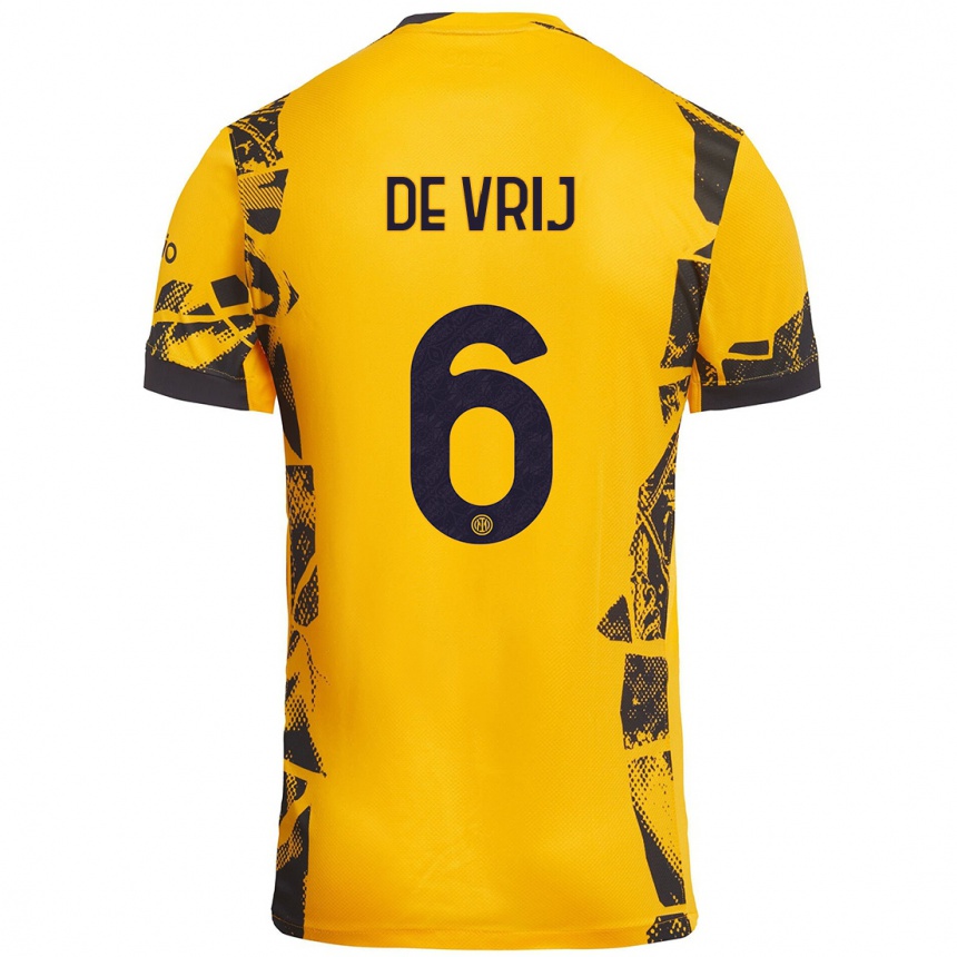 Kids Football Stefan De Vrij #6 Gold Black Third Jersey 2024/25 T-Shirt Australia