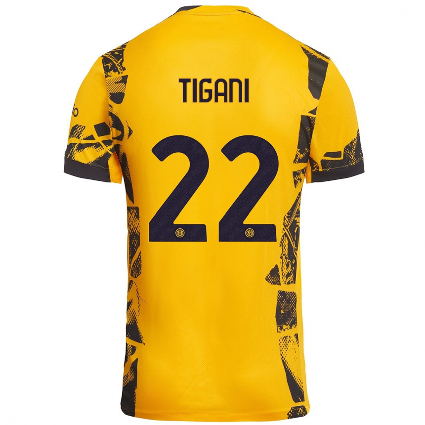 Kids Football Edoardo Tigani #22 Gold Black Third Jersey 2024/25 T-Shirt Australia