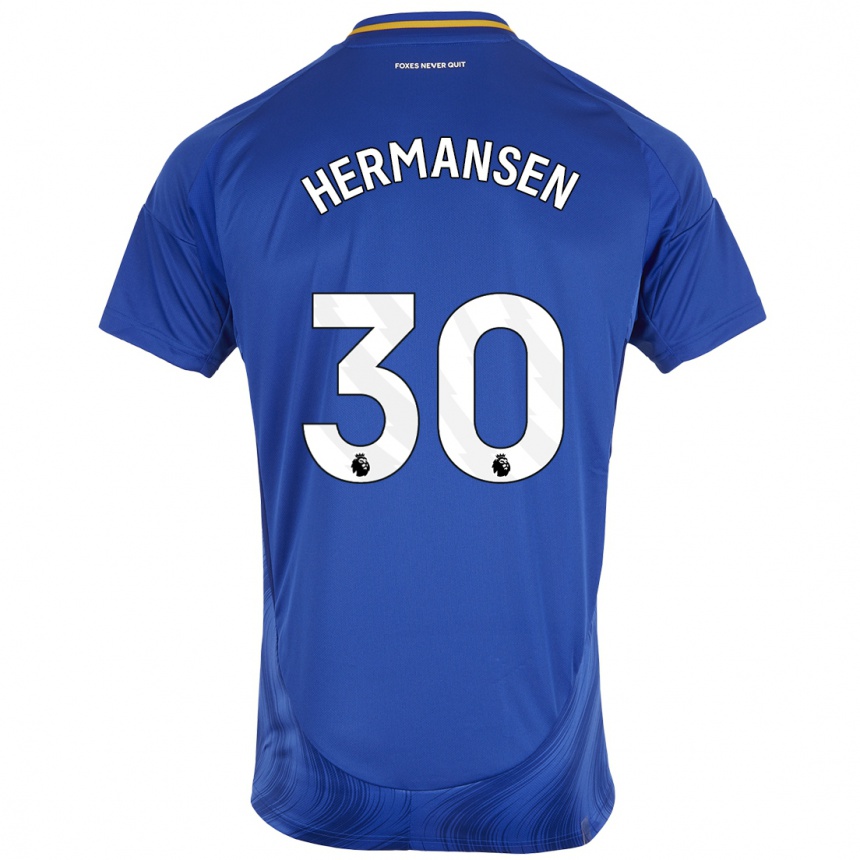 Kids Football Mads Hermansen #30 Blue White Home Jersey 2024/25 T-Shirt Australia