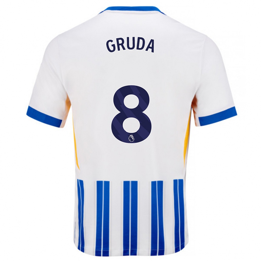 Kids Football Brajan Gruda #8 White Blue Pinstripes Home Jersey 2024/25 T-Shirt Australia