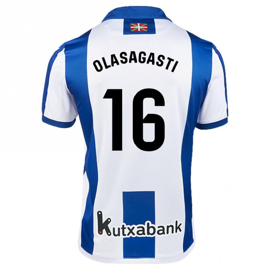 Kids Football Jon Ander Olasagasti #16 White Blue Home Jersey 2024/25 T-Shirt Australia