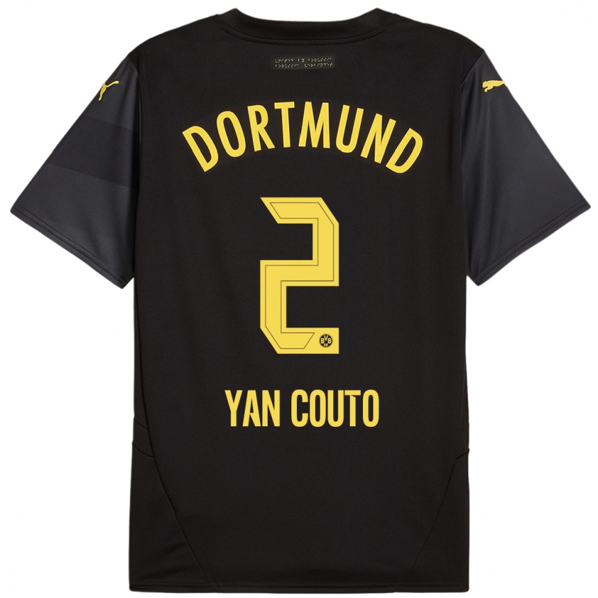 Kids Football Yan Couto #2 Black Yellow Away Jersey 2024/25 T-Shirt Australia