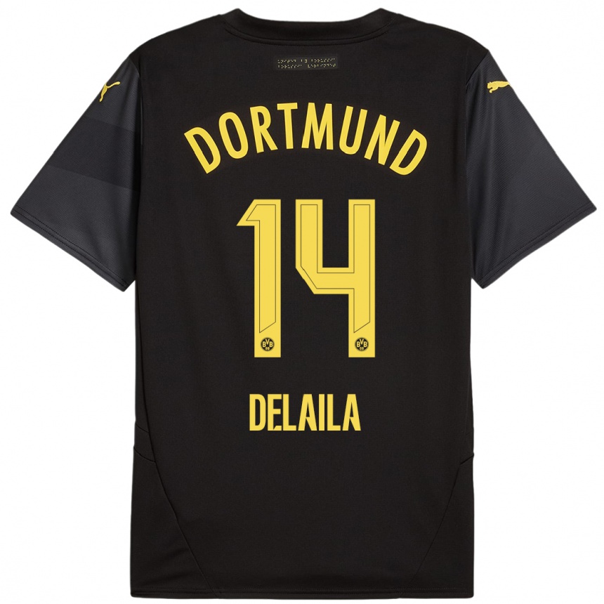 Women Football Amega Delaila #14 Black Yellow Away Jersey 2024/25 T-Shirt Australia