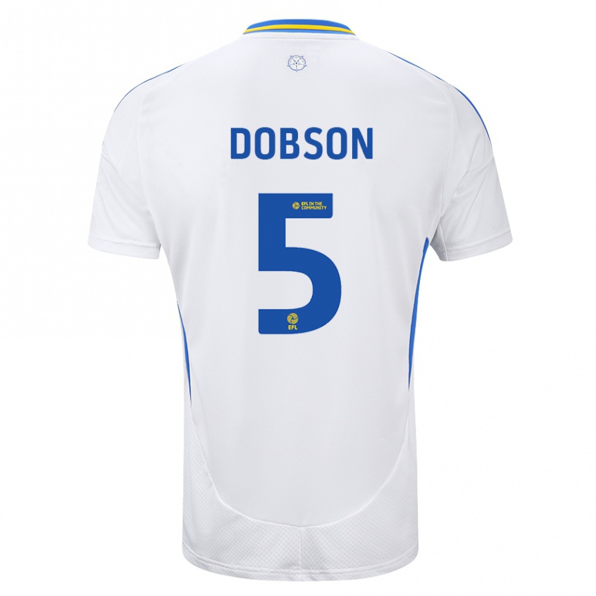 Kids Football Ellie Dobson #5 White Blue Home Jersey 2024/25 T-Shirt Australia