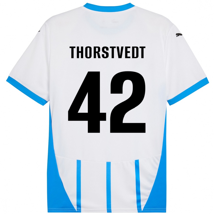 Kids Football Kristian Thorstvedt #42 White Blue Away Jersey 2024/25 T-Shirt Australia