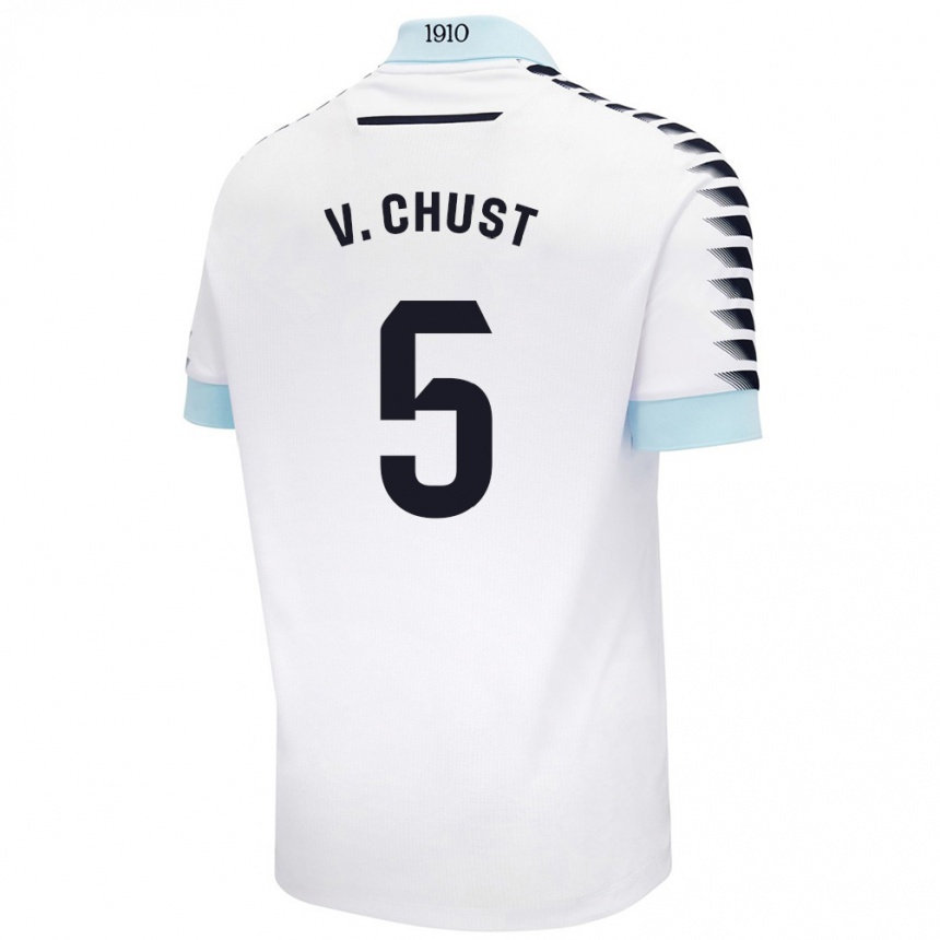 Kids Football Víctor Chust #5 White Blue Away Jersey 2024/25 T-Shirt Australia