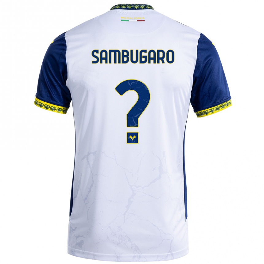 Kids Football Mattia Sambugaro #0 White Blue Away Jersey 2024/25 T-Shirt Australia