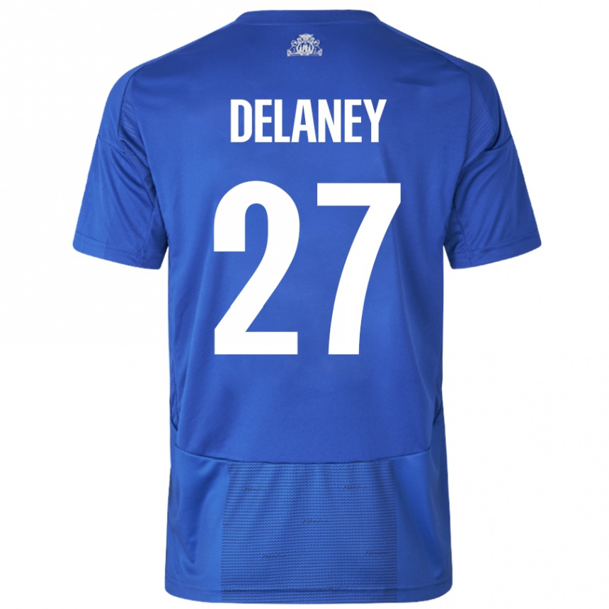 Kids Football Thomas Delaney #27 White Blue Away Jersey 2024/25 T-Shirt Australia